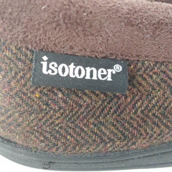 Isotoner Mens Slip On Moccasin Slipper Brown Textile Herringbone Lined 10-11 - Picture 9 of 10
